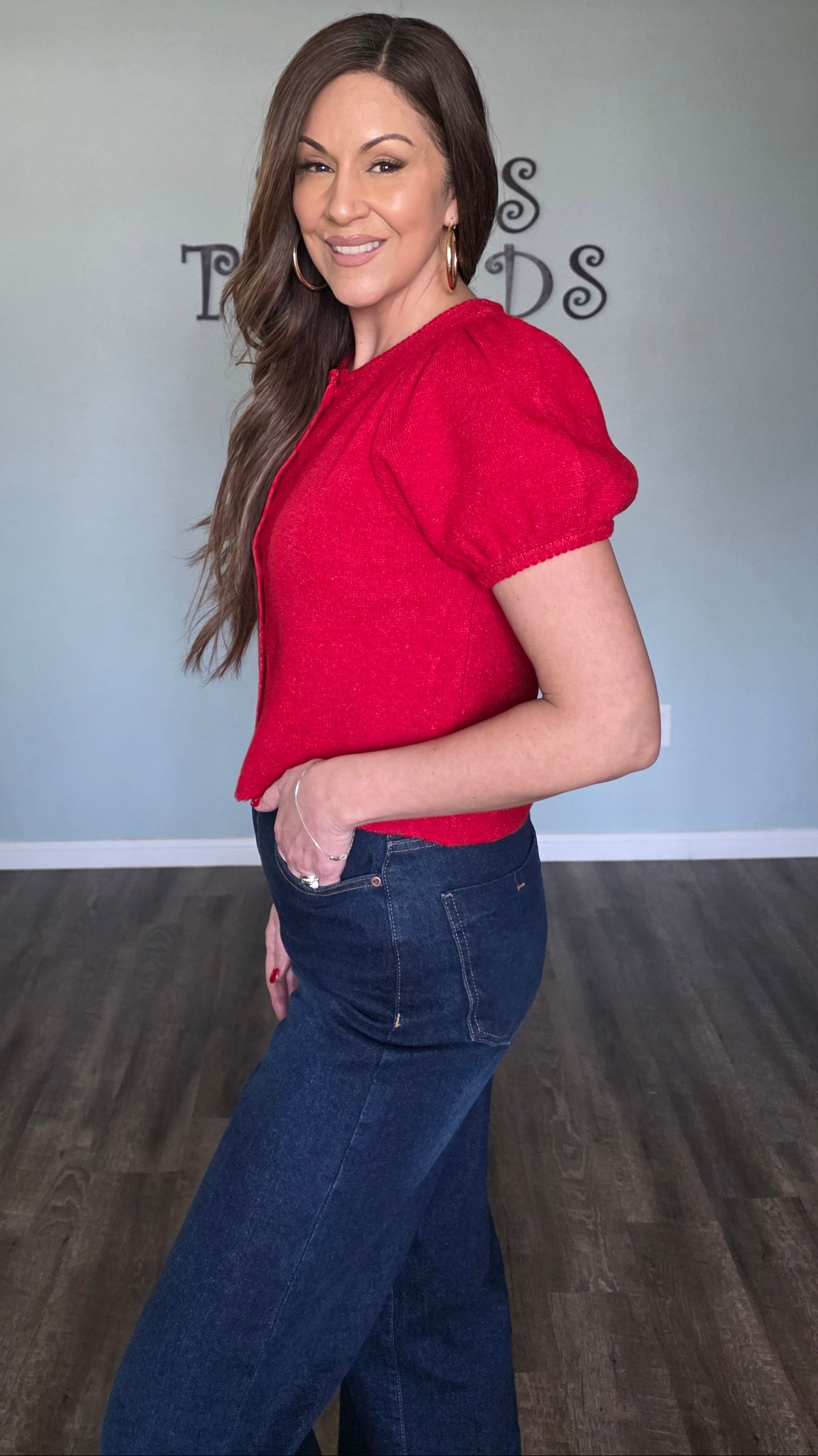 Puff Sleeve Button Down Sweater Top- Red