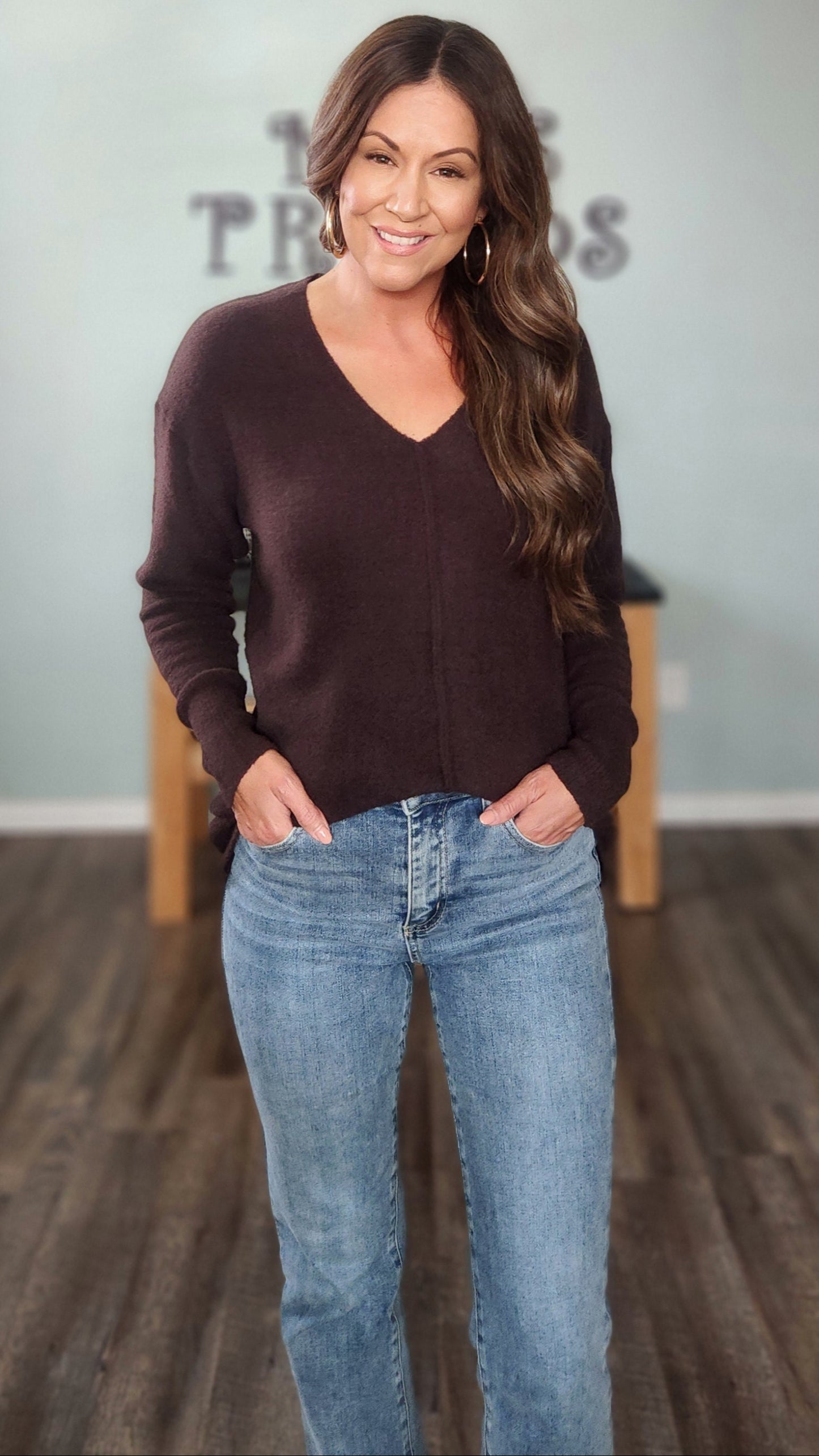 Cozy Classic V-neck Pullover-Chocolate Brown