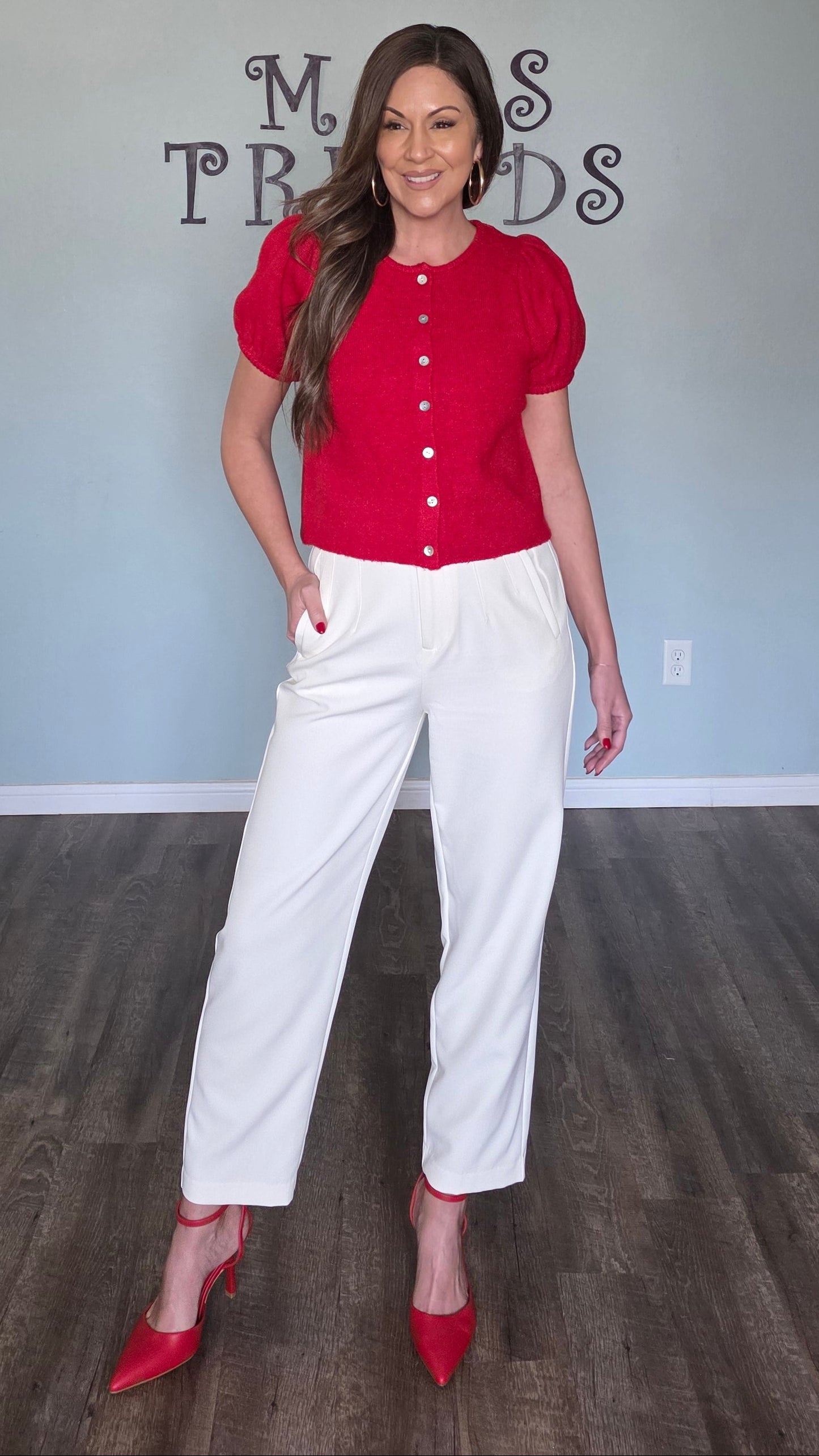 Puff Sleeve Button Down Sweater Top- Red