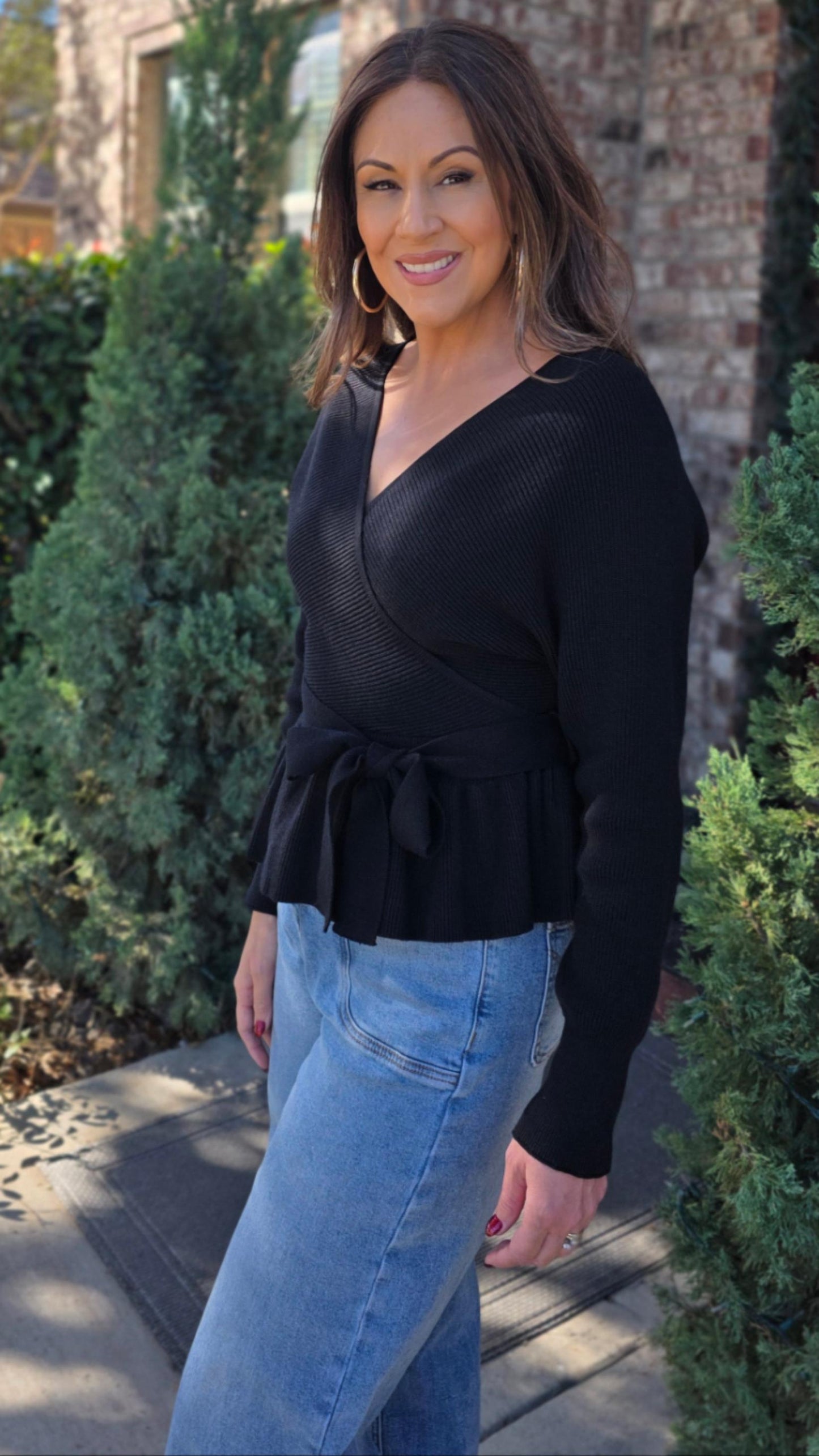 The Polished Tie Peplum Sweater- Black