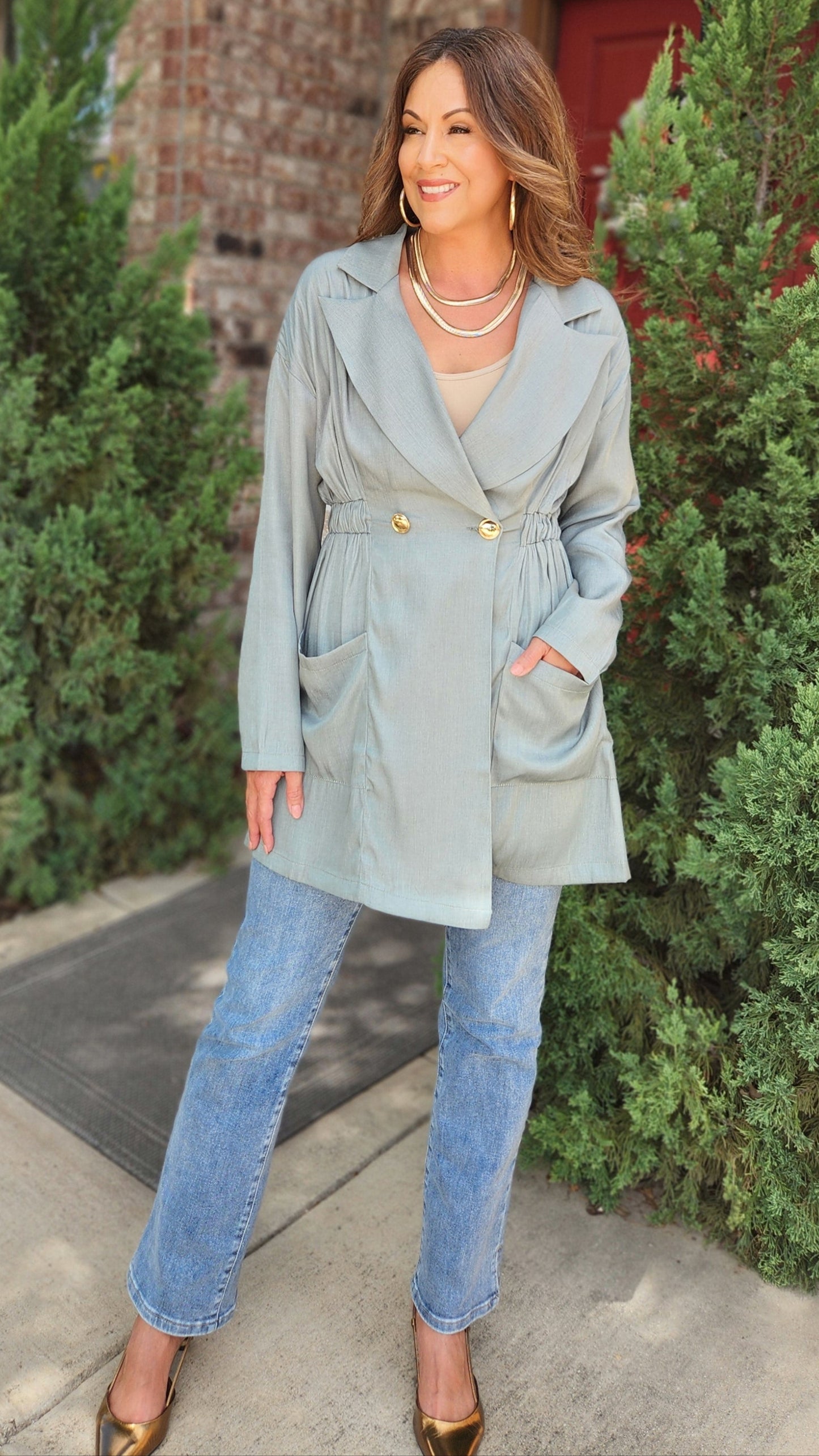 Power Trench Coat Mini Dress- Sage Green