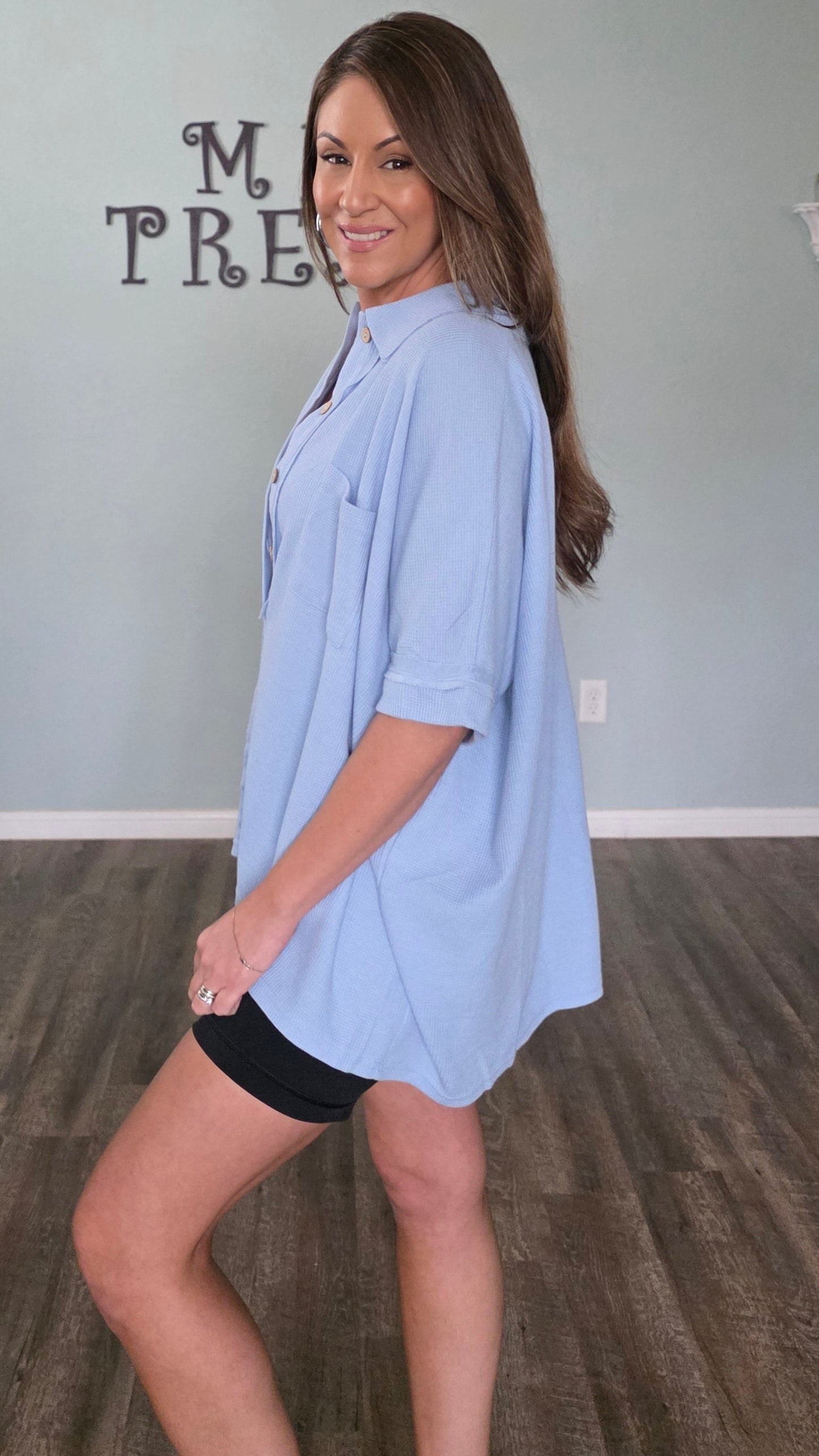Blue Skies Waffle Knit Oversized Button Down