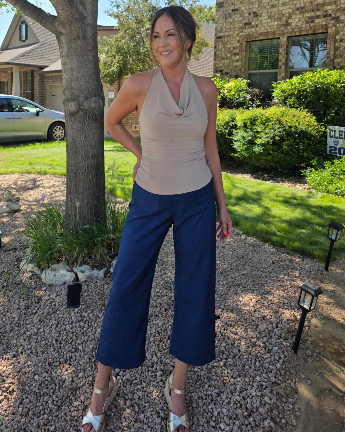 Draped to Perfection Halter Top- Lt Taupe
