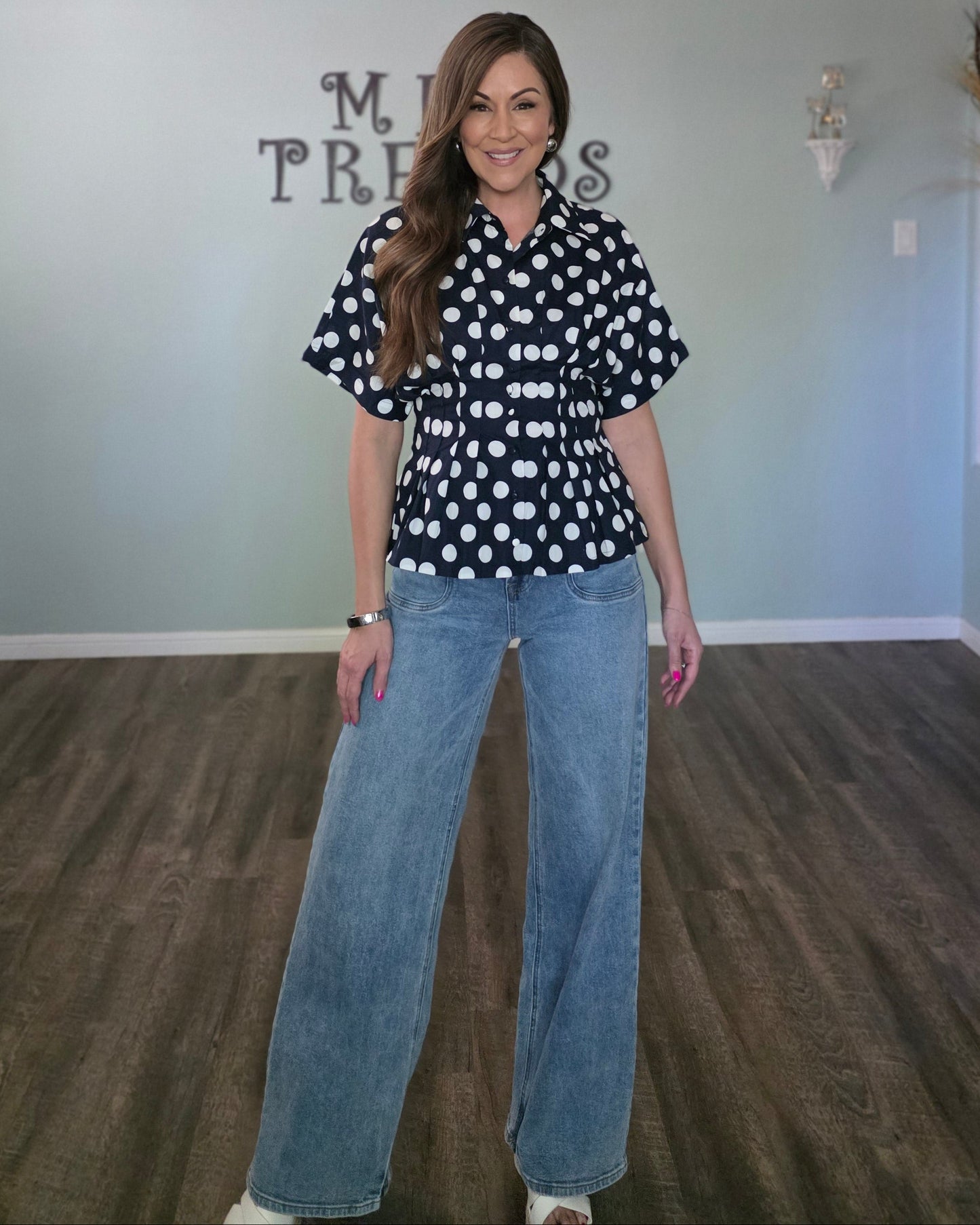 Navy Polka Dot Pleated Button Down Peplum Top