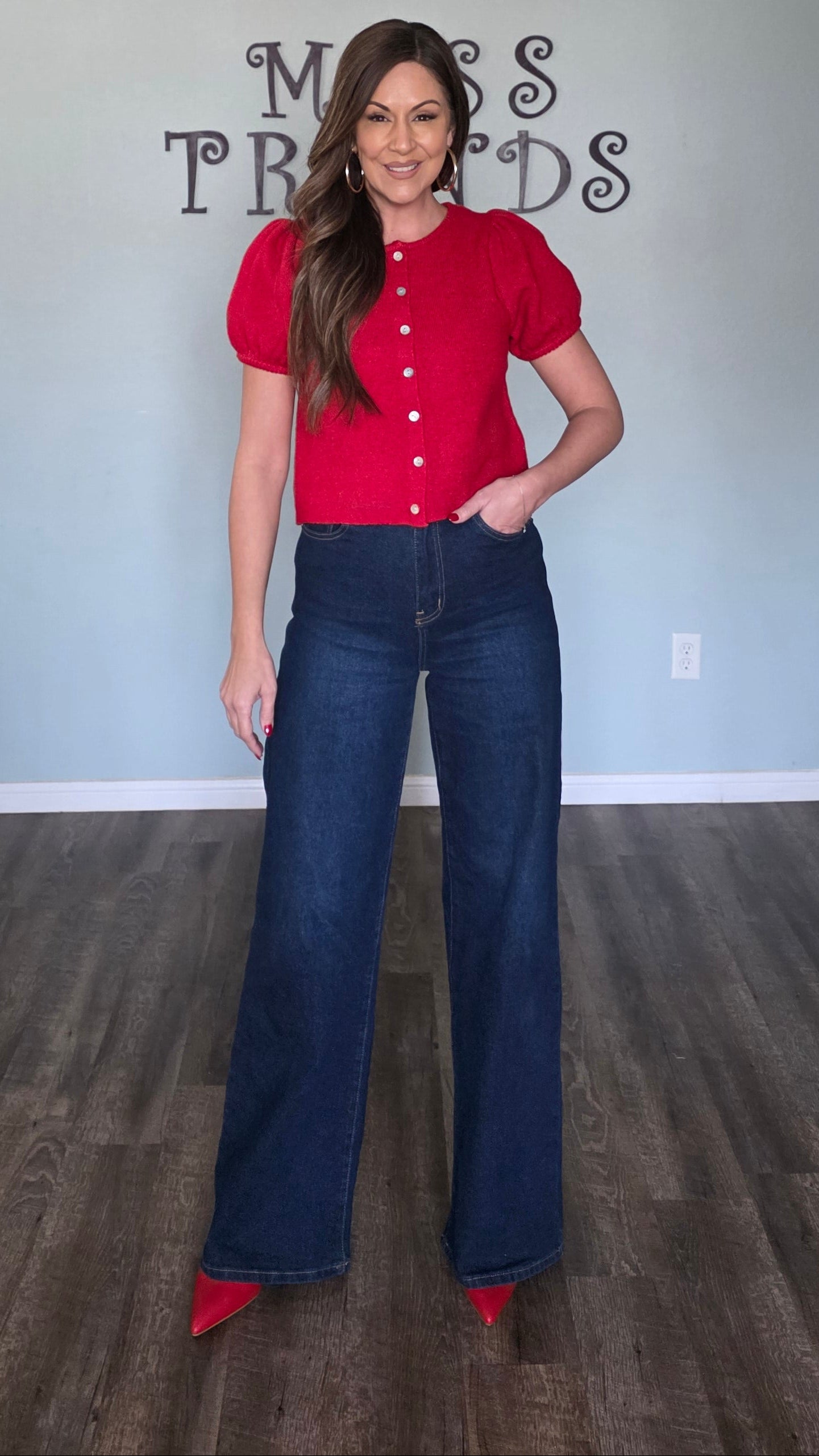 Puff Sleeve Button Down Sweater Top- Red