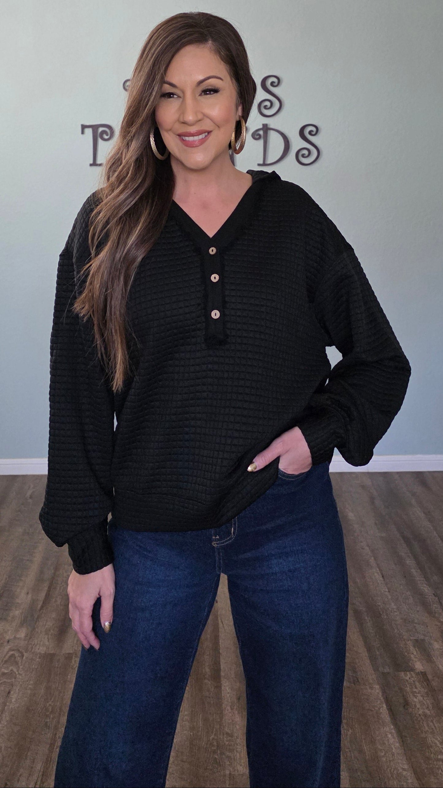 Button Front Quilted Hoodie Pullover-Black