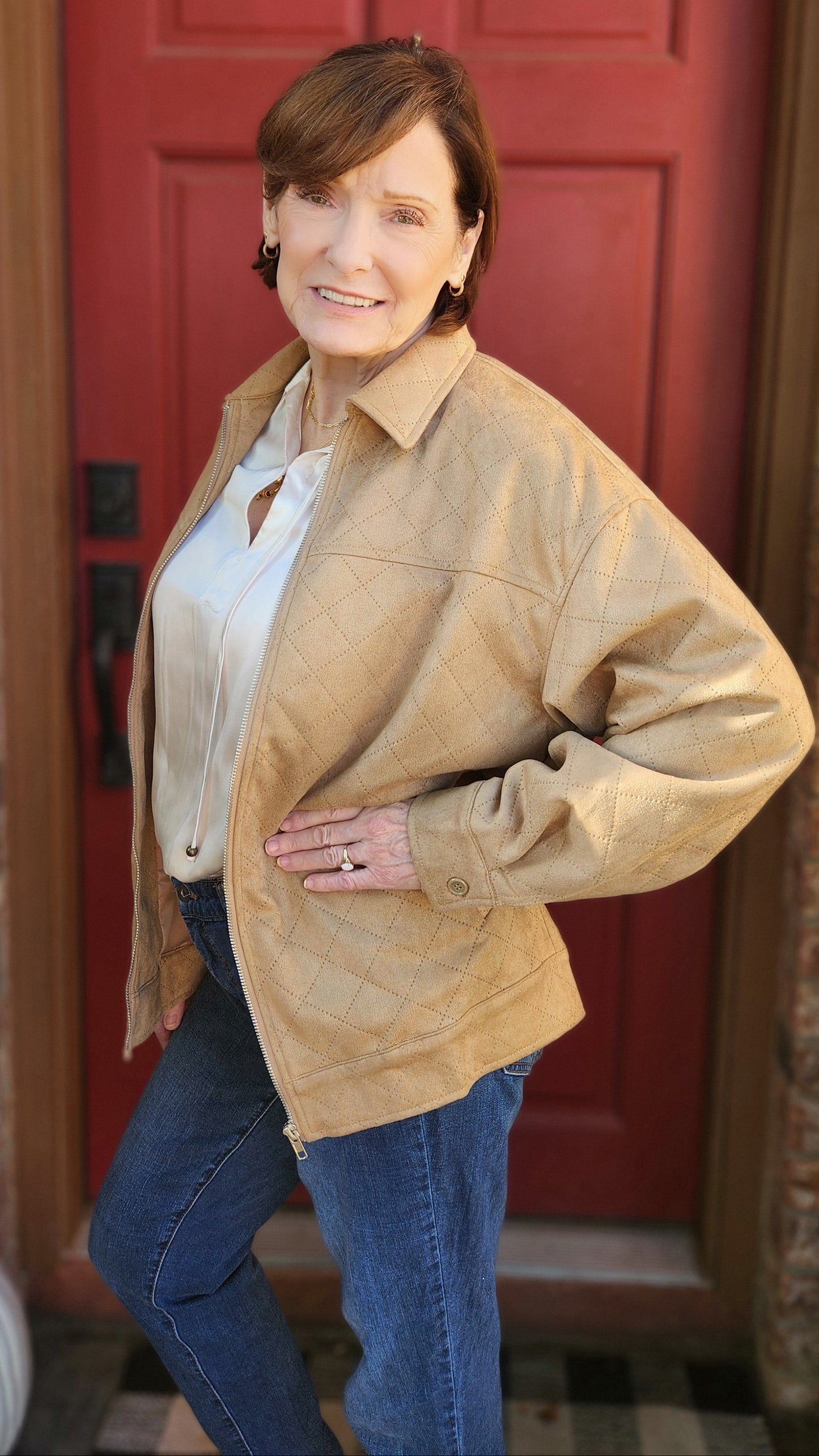 Elevated Errands Quilted Suede Jacket-Sand