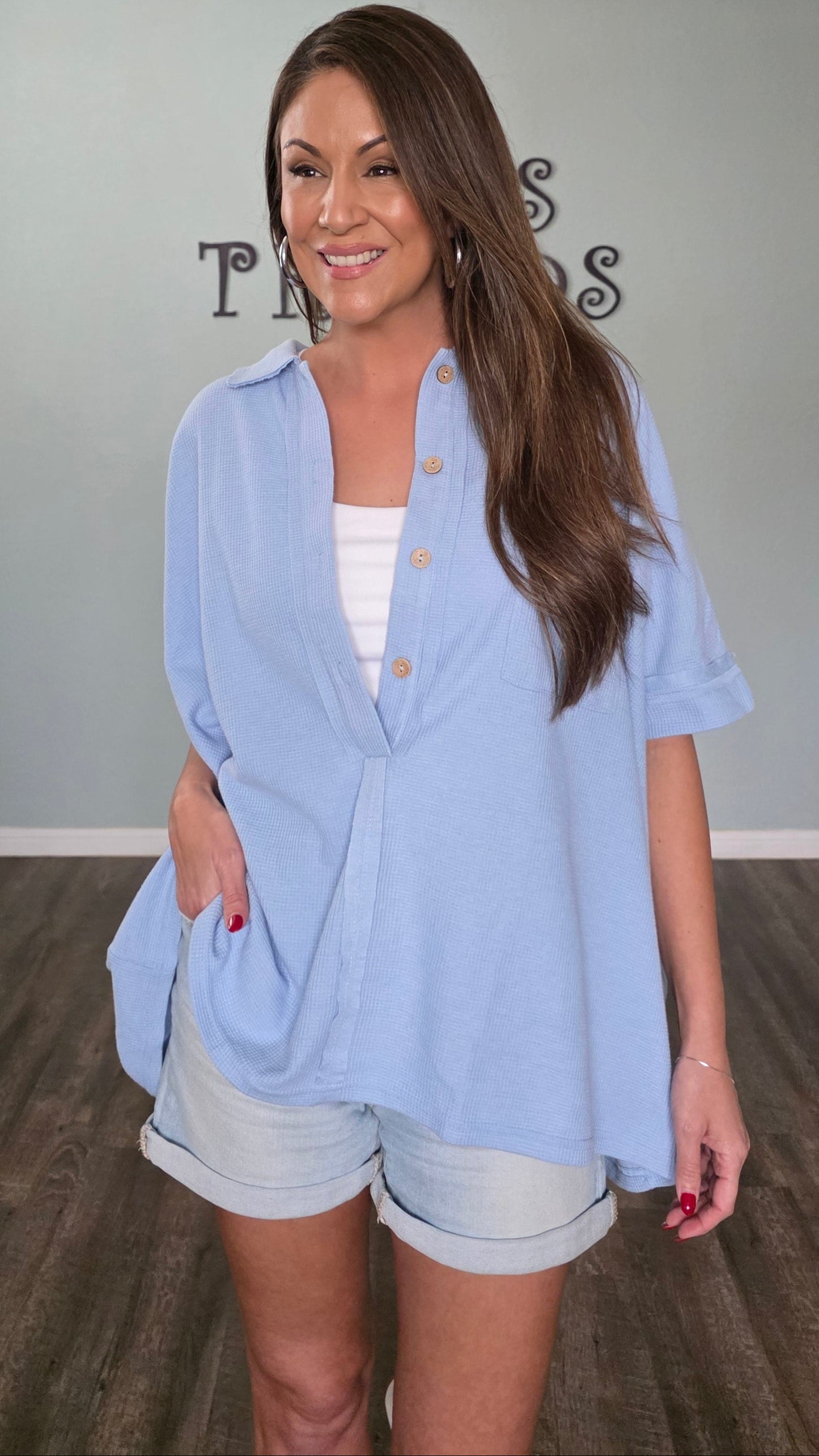Blue Skies Waffle Knit Oversized Button Down