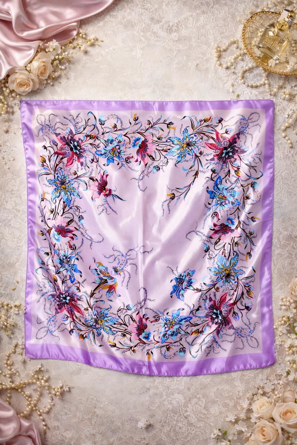 Spring Bloom Satin Scarf-Multicolor