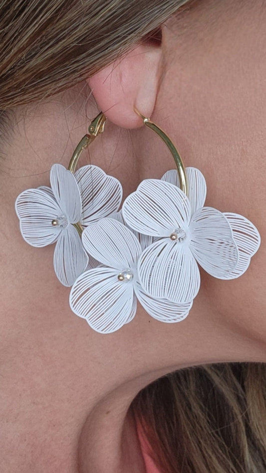 White Floral Hoop Earrings-White/Gold