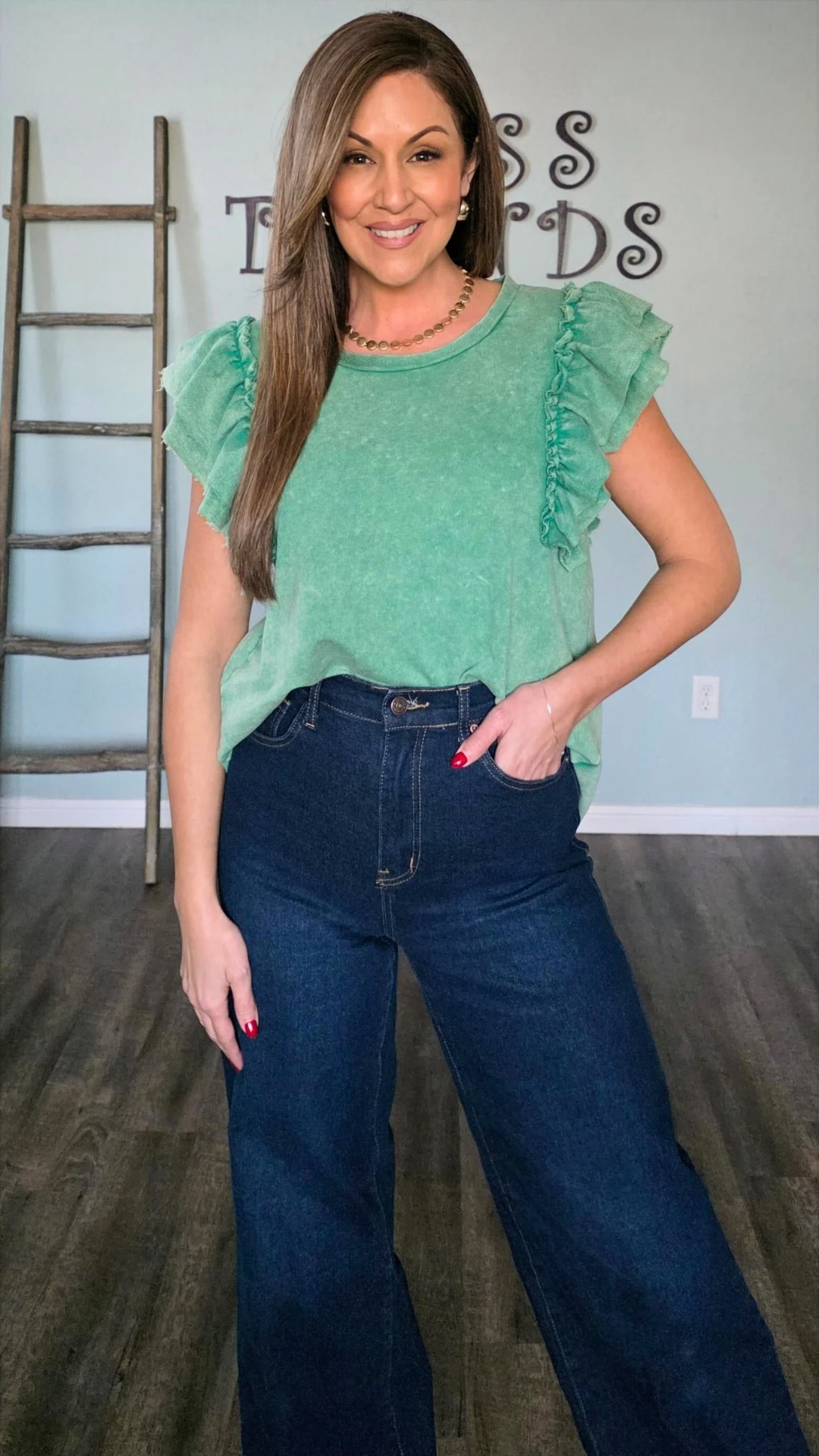 Mineral Washed Ruffle Sleeve Top in Green