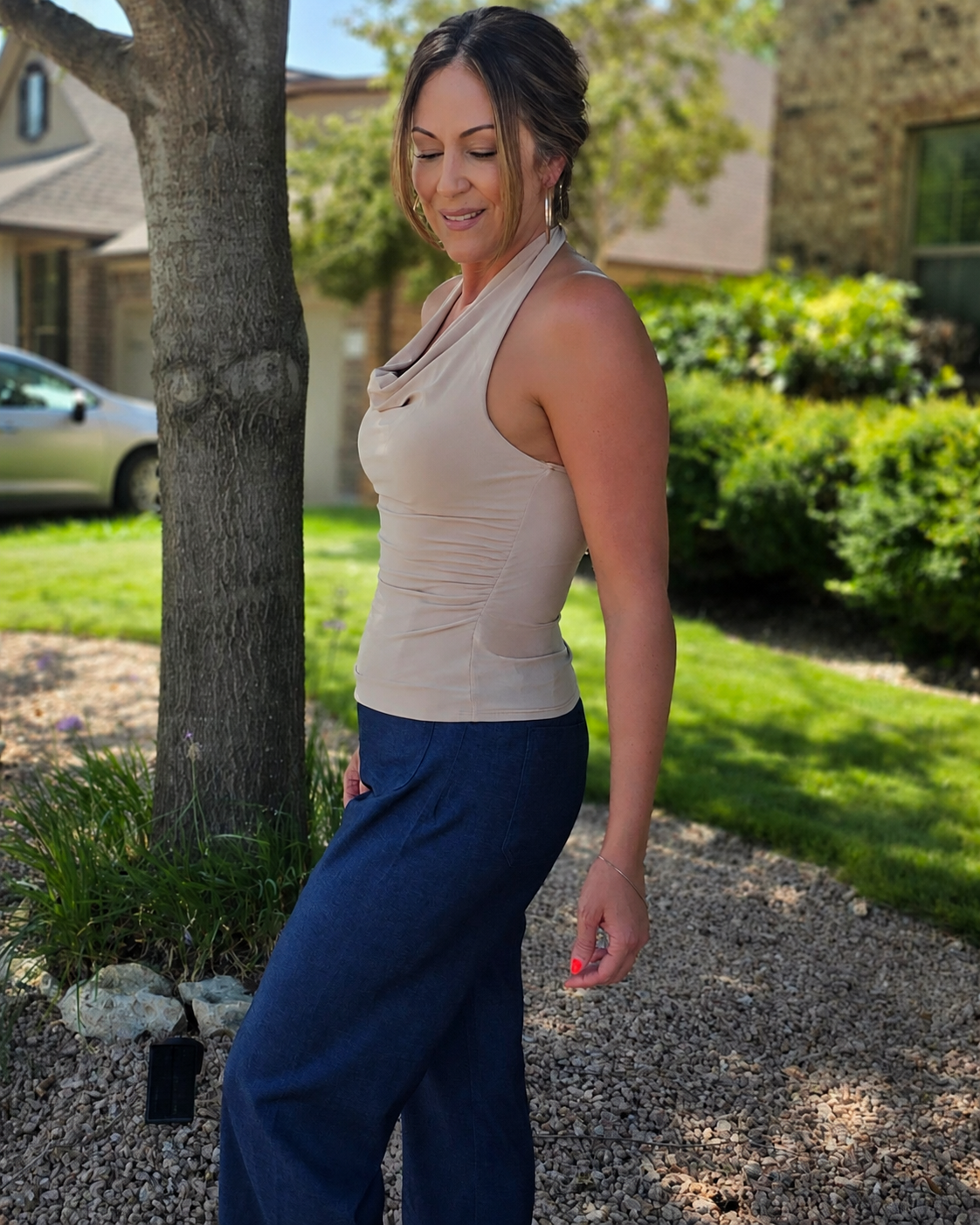 Draped to Perfection Halter Top- Lt Taupe
