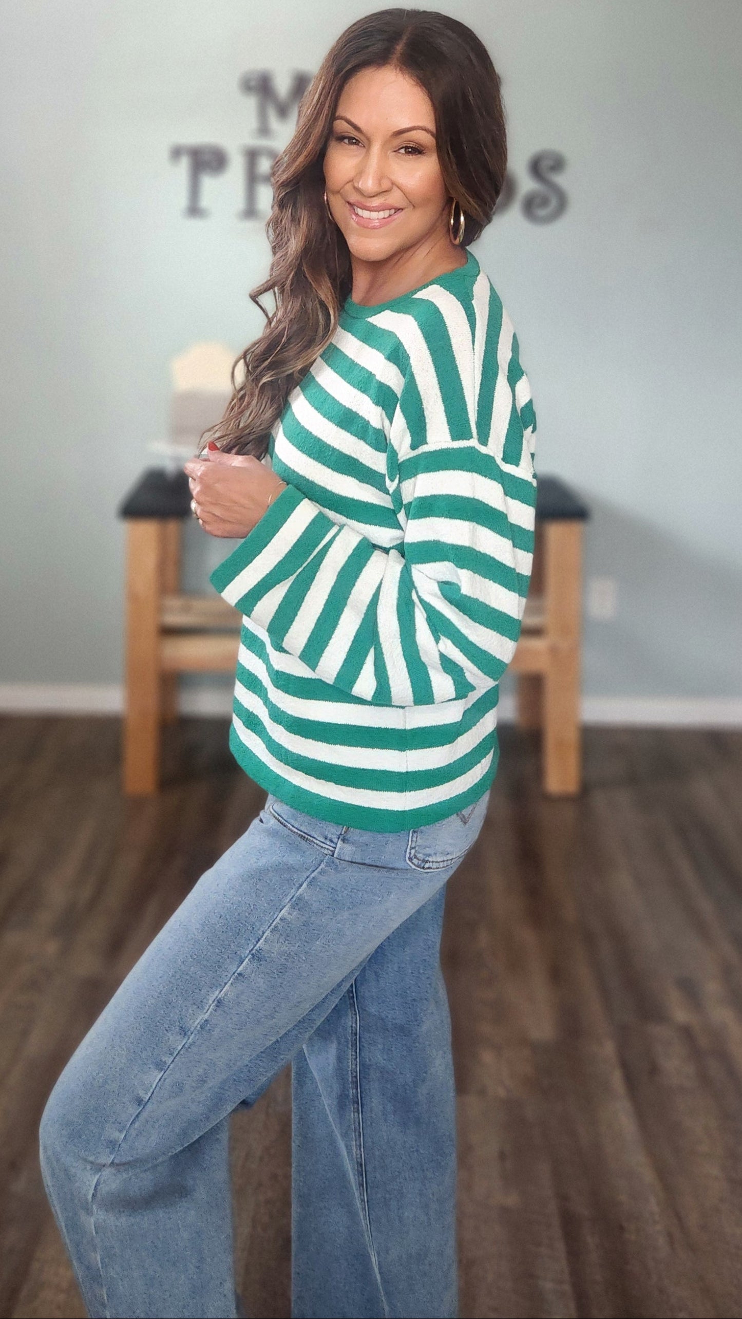 The Harbor Stripe Pullover-Green/ white