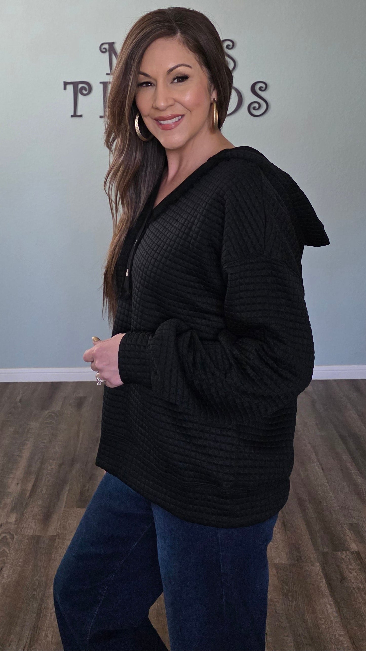 Button Front Quilted Hoodie Pullover-Black