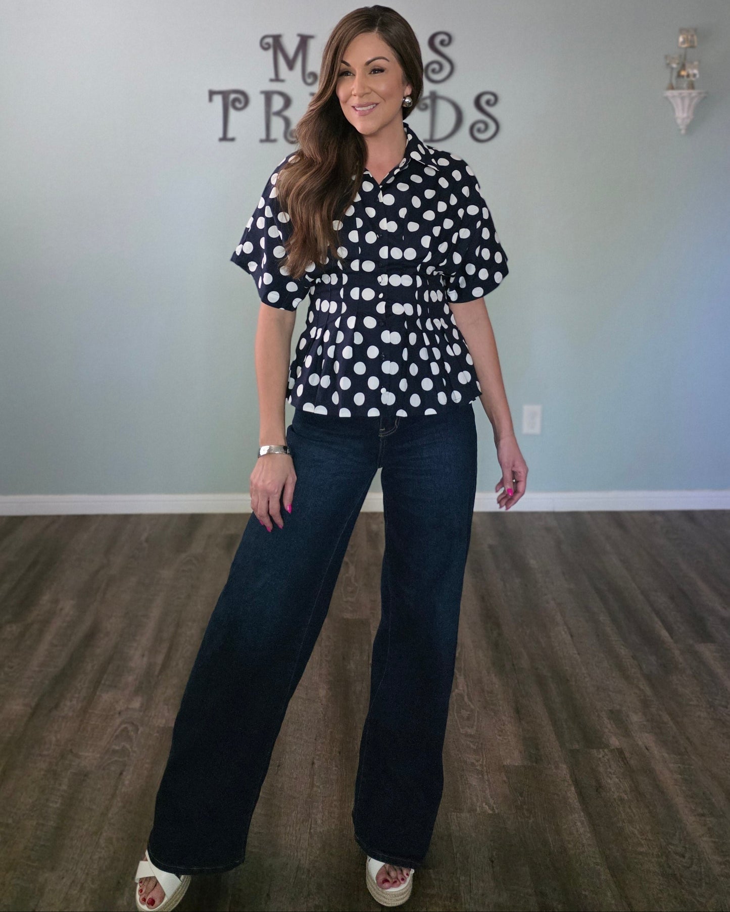Navy Polka Dot Pleated Button Down Peplum Top