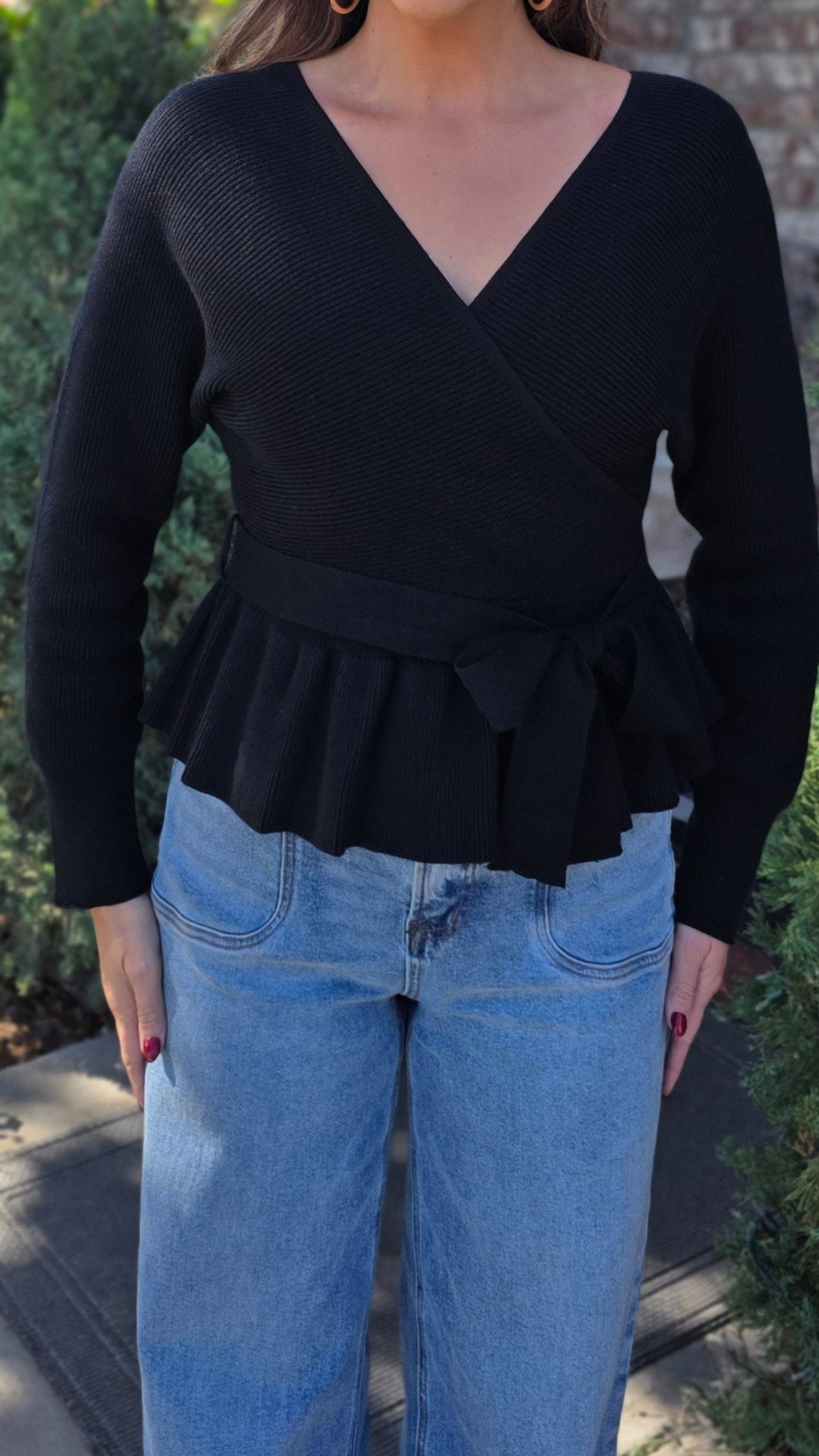 The Polished Tie Peplum Sweater- Black