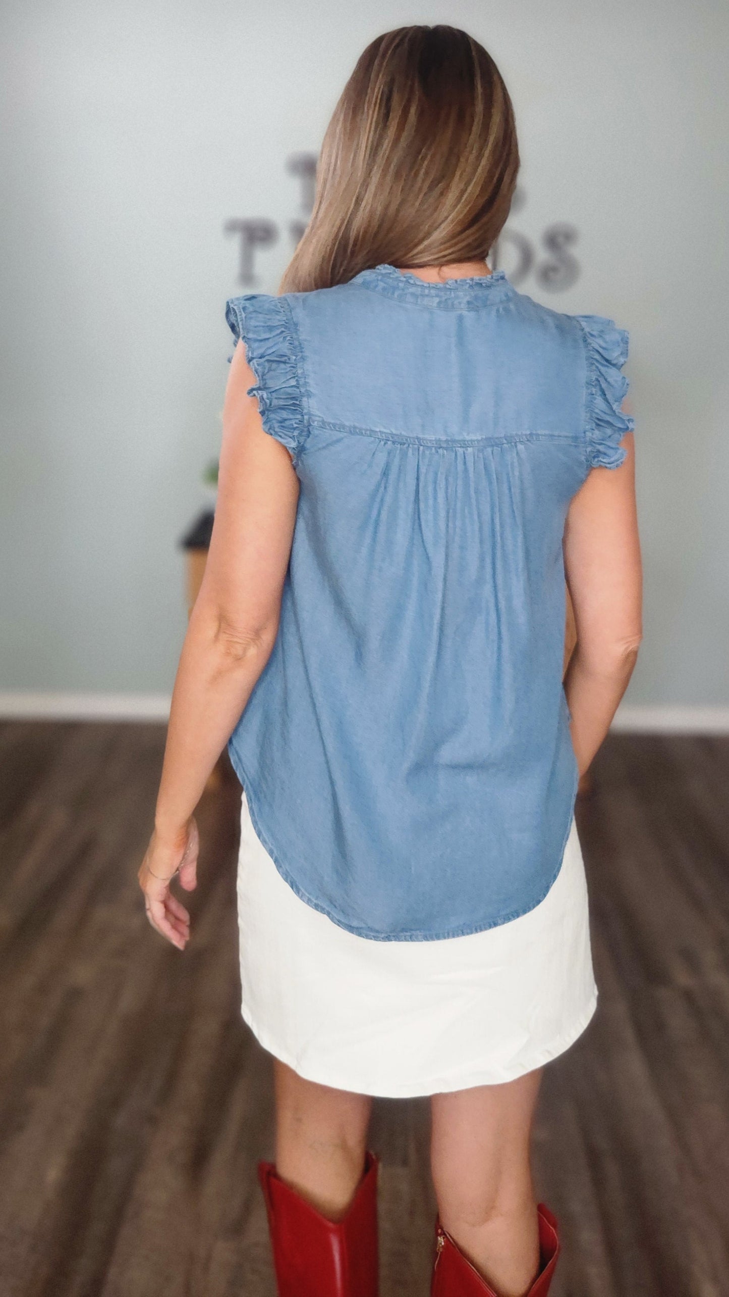 Sleeveless Tencel Ruffle Top-Denim Blue