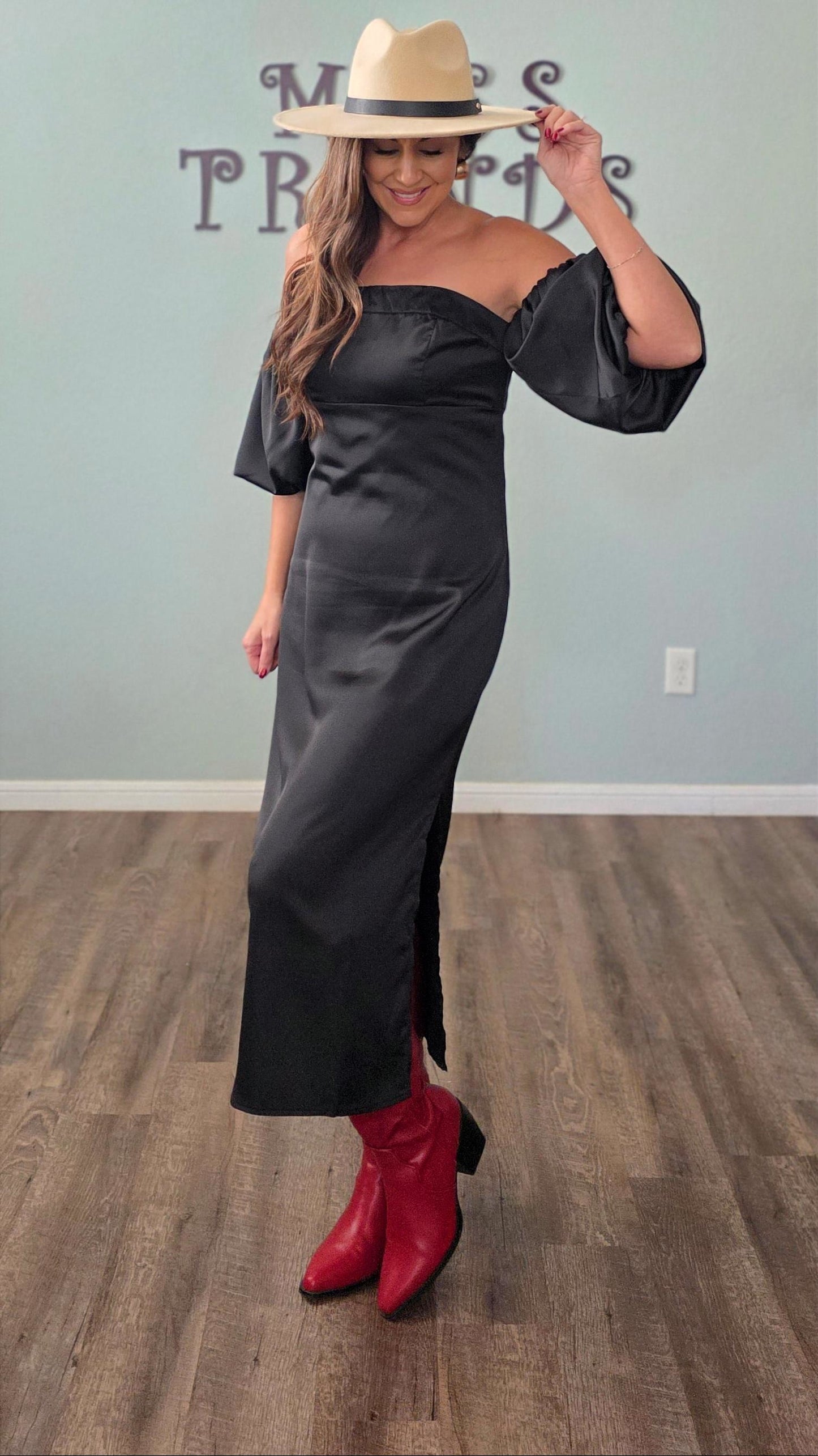 Moonlit Elegance Satin Midi Dress-Black