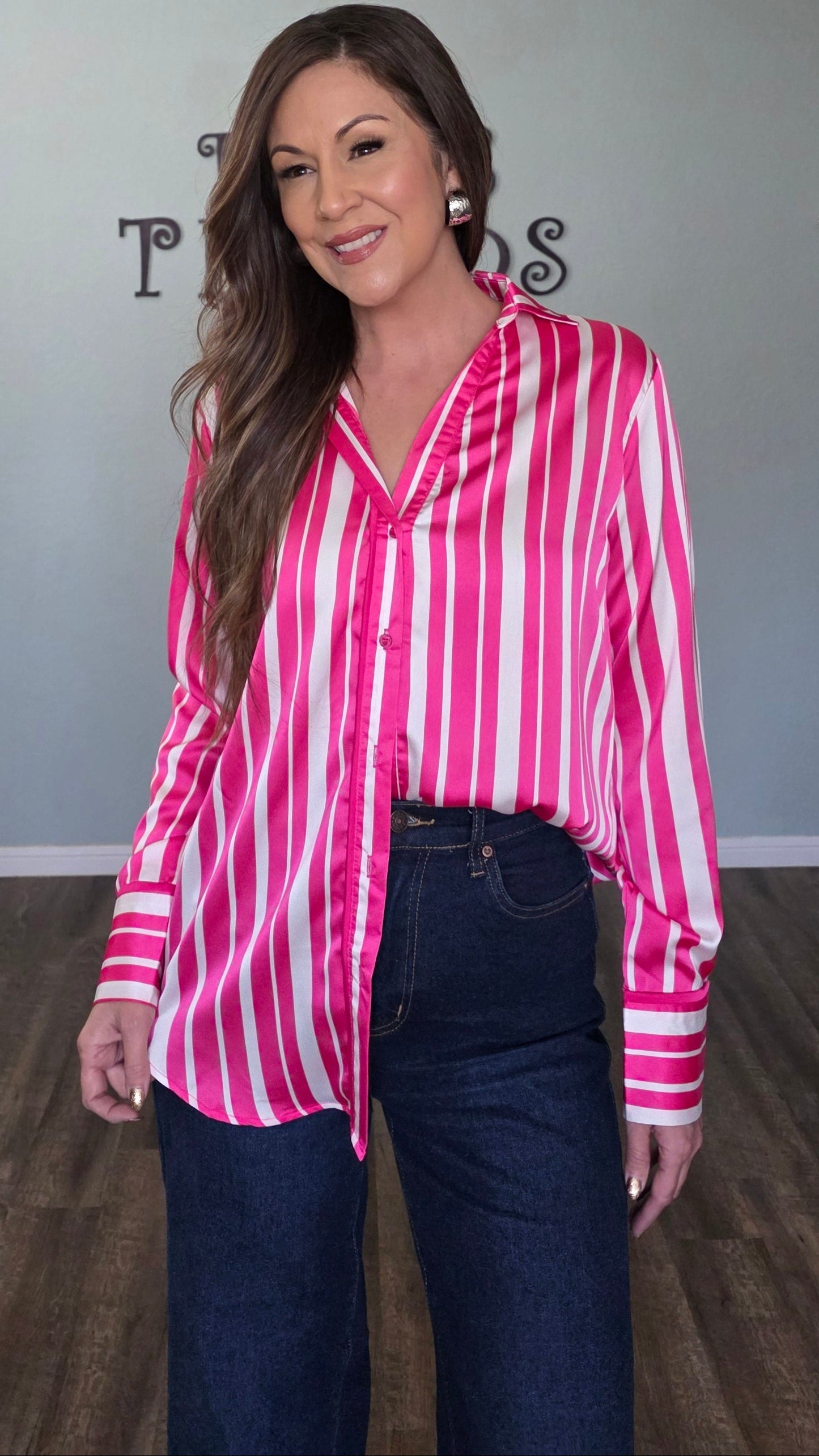 Umgee Satin Vertical Stripe Button Down Top – Hot Pink/White
