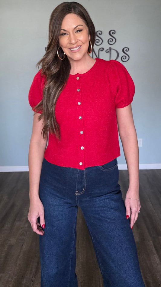 Puff Sleeve Button Down Sweater Top- Red