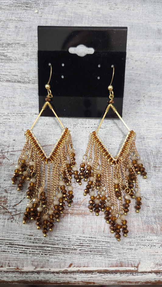 Brown Dangle Beaded Earrings-Brown/Gold