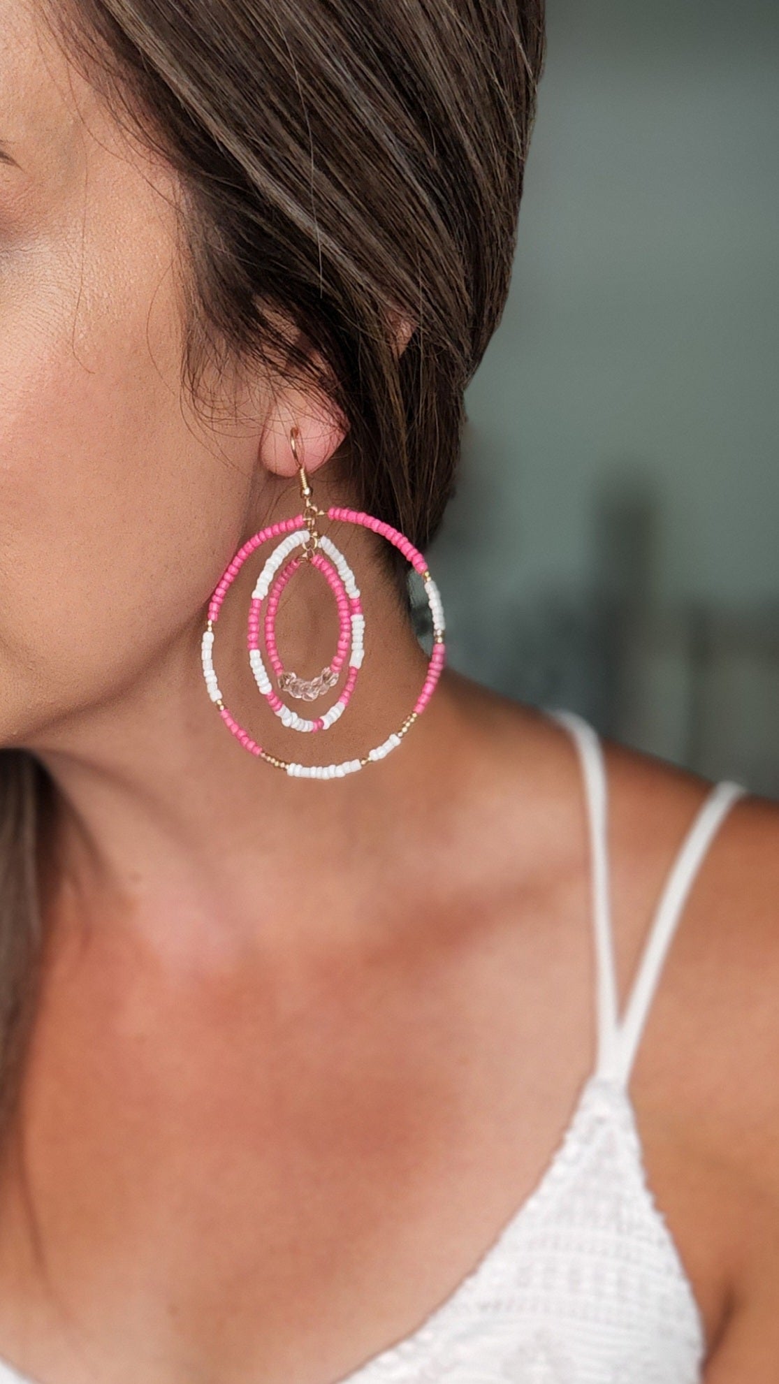 Circle Layered Beaded Earrings- Pink/White