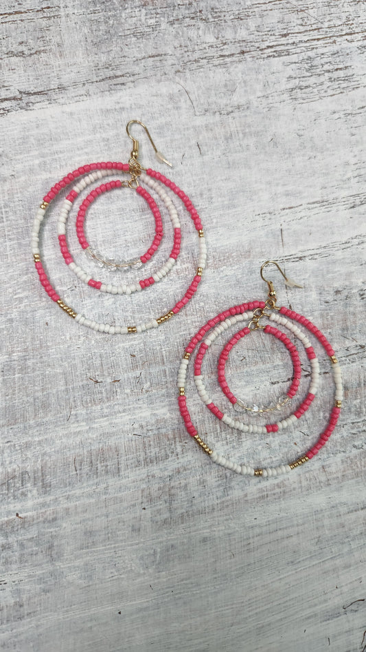 Circle Layered Beaded Earrings- Pink/White