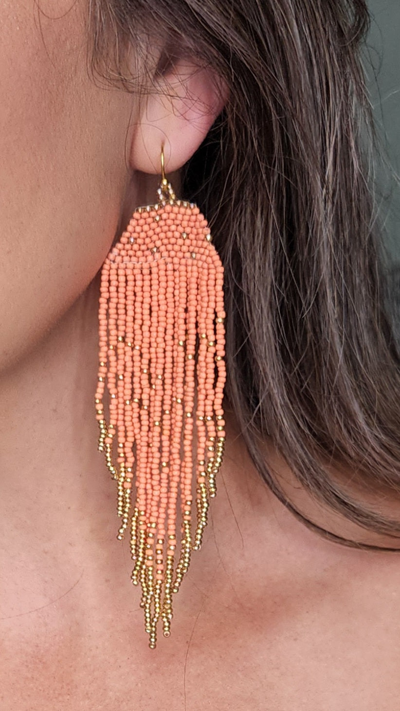 Coral and Gold Beaded Earrings